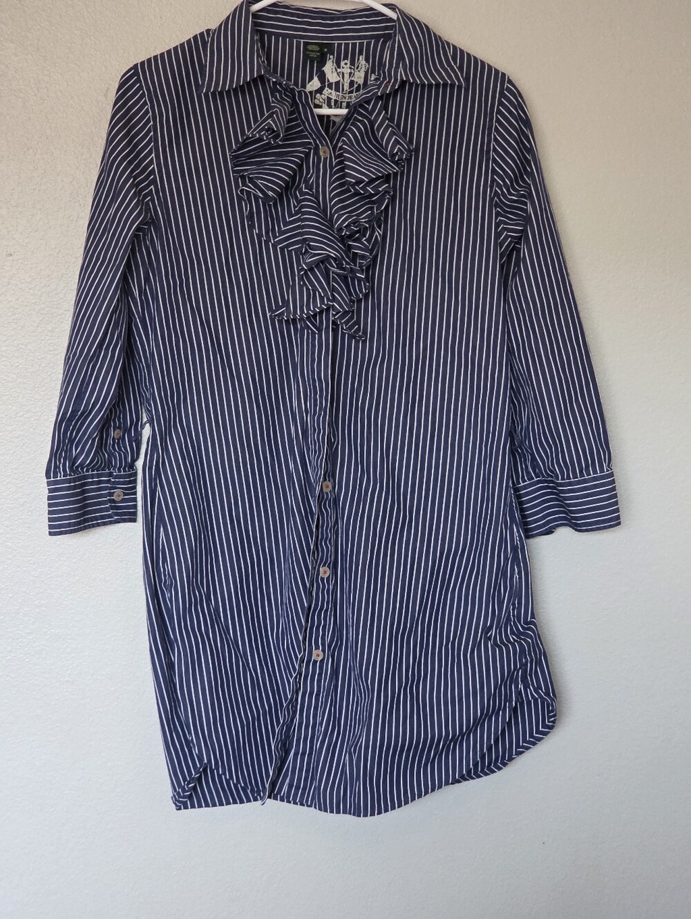 Lauren Ralph Navy and White Striped Ruffle Button-Up Tunic